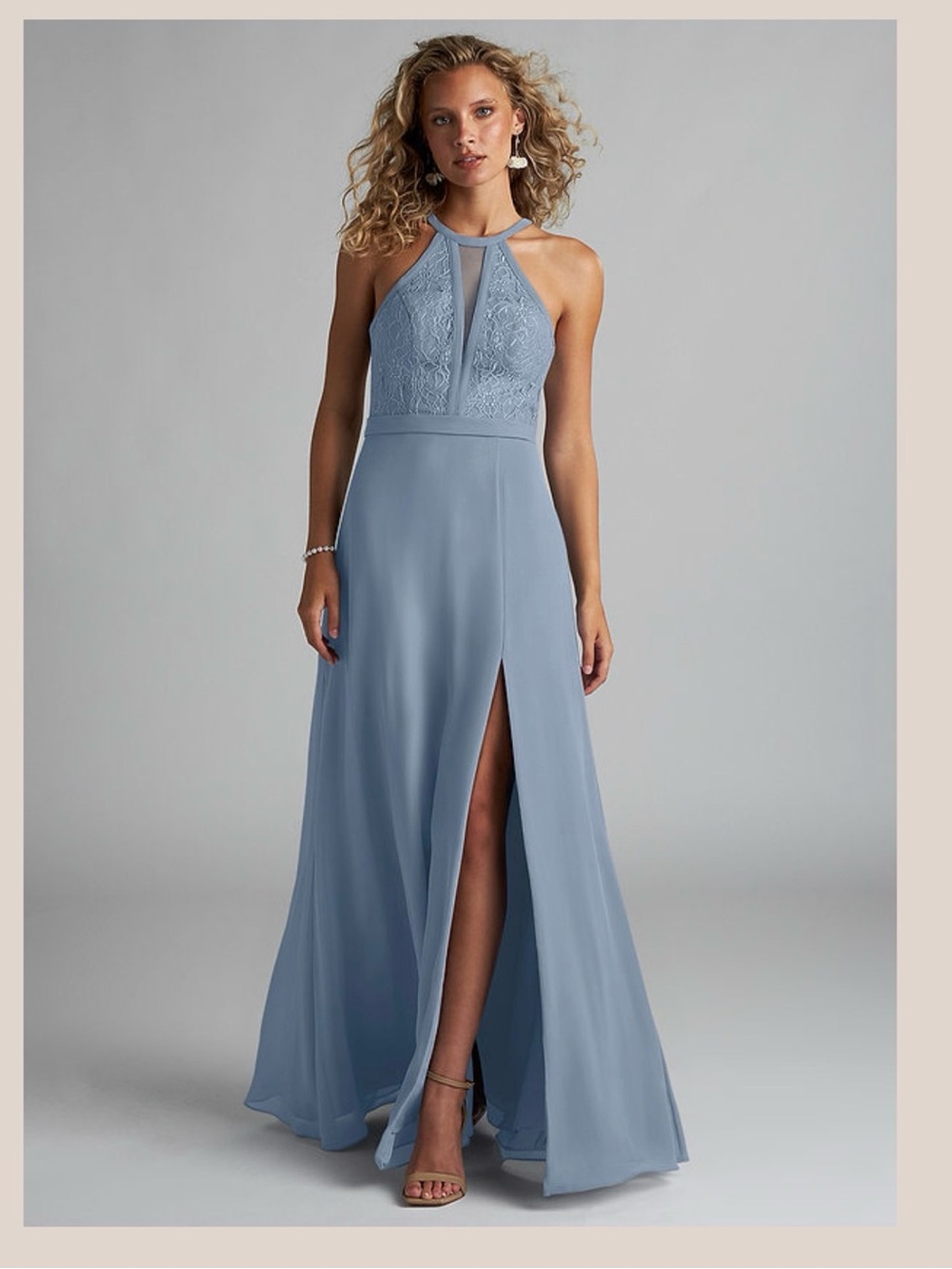 Azazie Dusty Blue Halter Lace Prom Gown